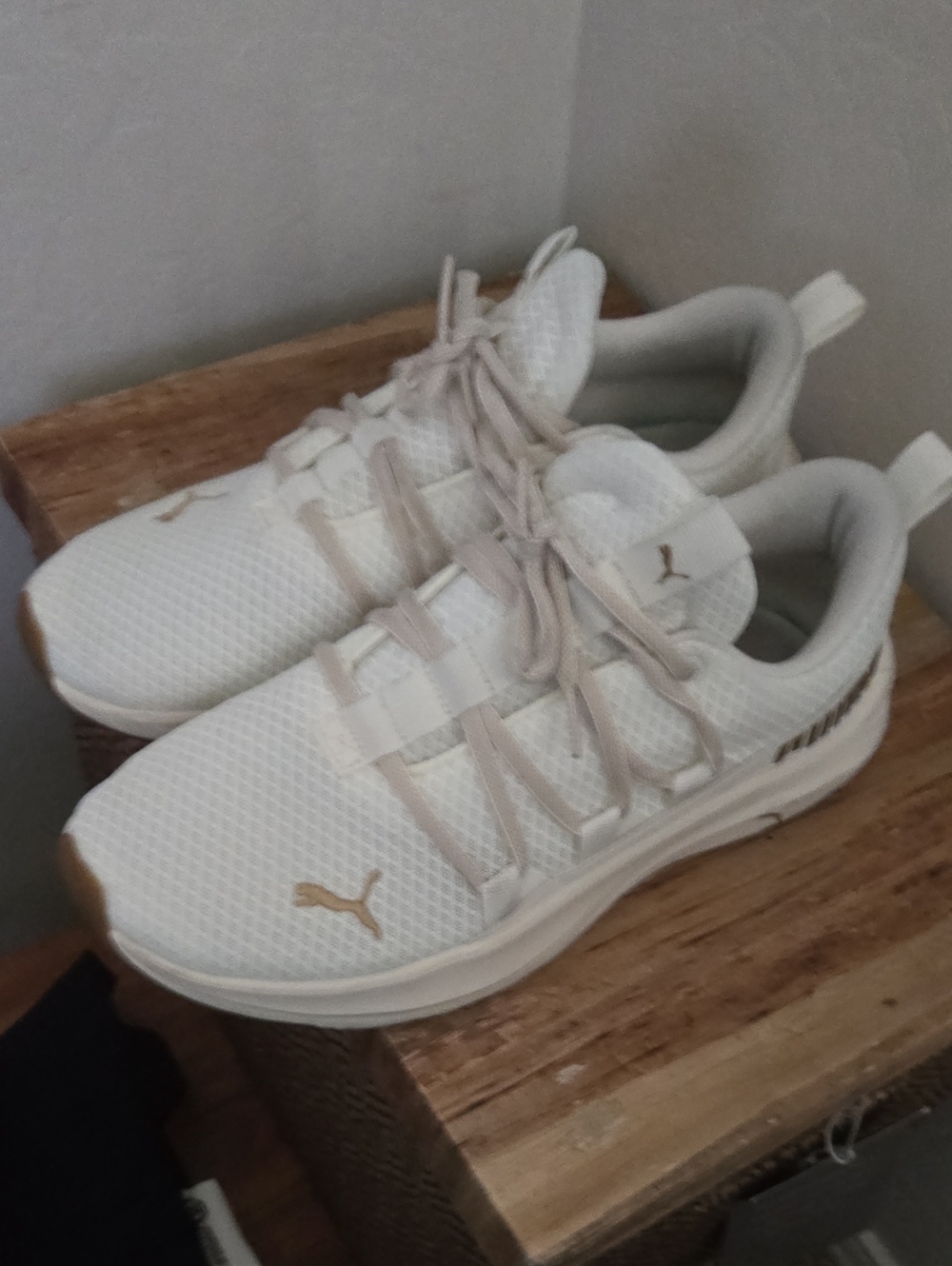 Women's Puma White Mesh Trainers with Gold Logo Accents
